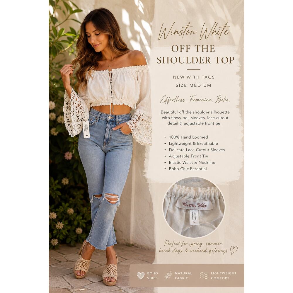 Winston White Off Shoulder Boho Crop Top Eyelet Lace NWT Medium